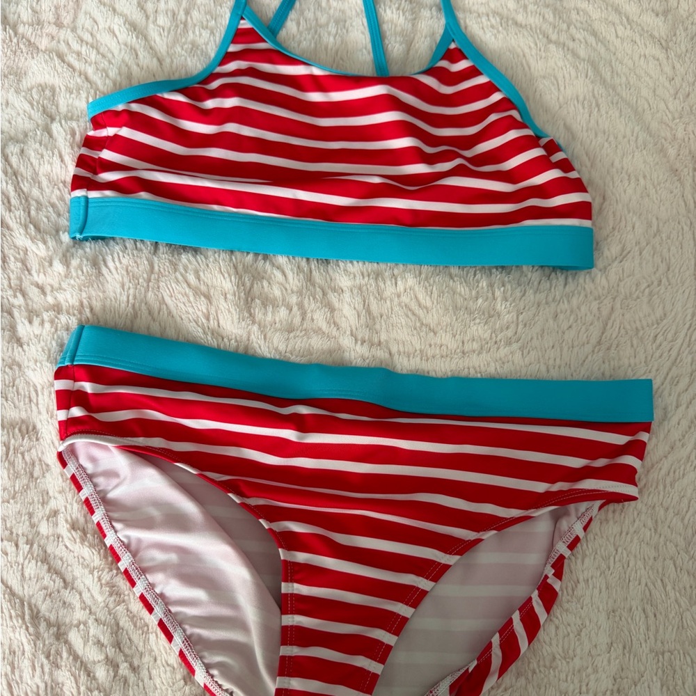 Lands' End Red and White Striped Bikini with Blue Trim